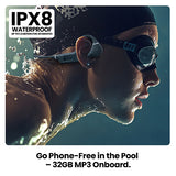 Drip-Fly OZ5 grey bone conduction headphones worn by model while swimming