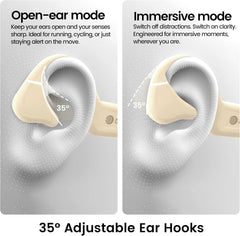 Two earbud models with adjustable ear hooks on a gray background
