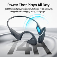 Wireless earbuds with charging cable on a gray background, featuring text about battery life and charging speed.