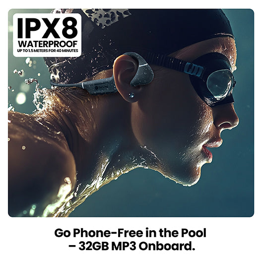 Drip-Fly OZ5 grey bone conduction headphones worn by a swimmer with a cap and goggles in the pool