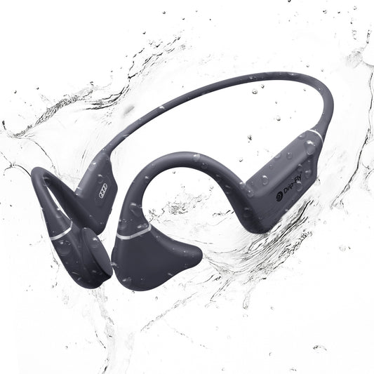Drip-Fly grey waterproof headphones displayed against a watery background, highlighting their IPX8 water-resistant design