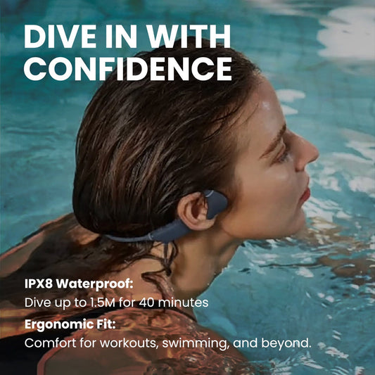 swimmer wearing drip-fly oz5 bone conduction headphones