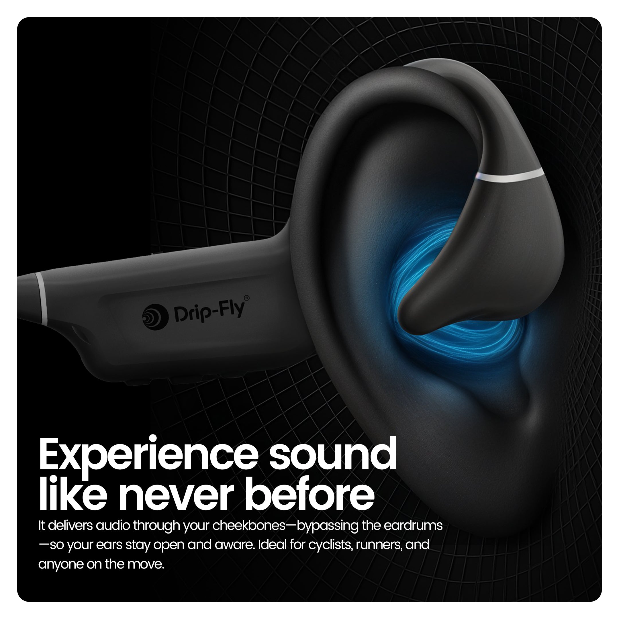 Black earbud with blue light inside an ear, branded 'Drip-Fly', on a dark background.