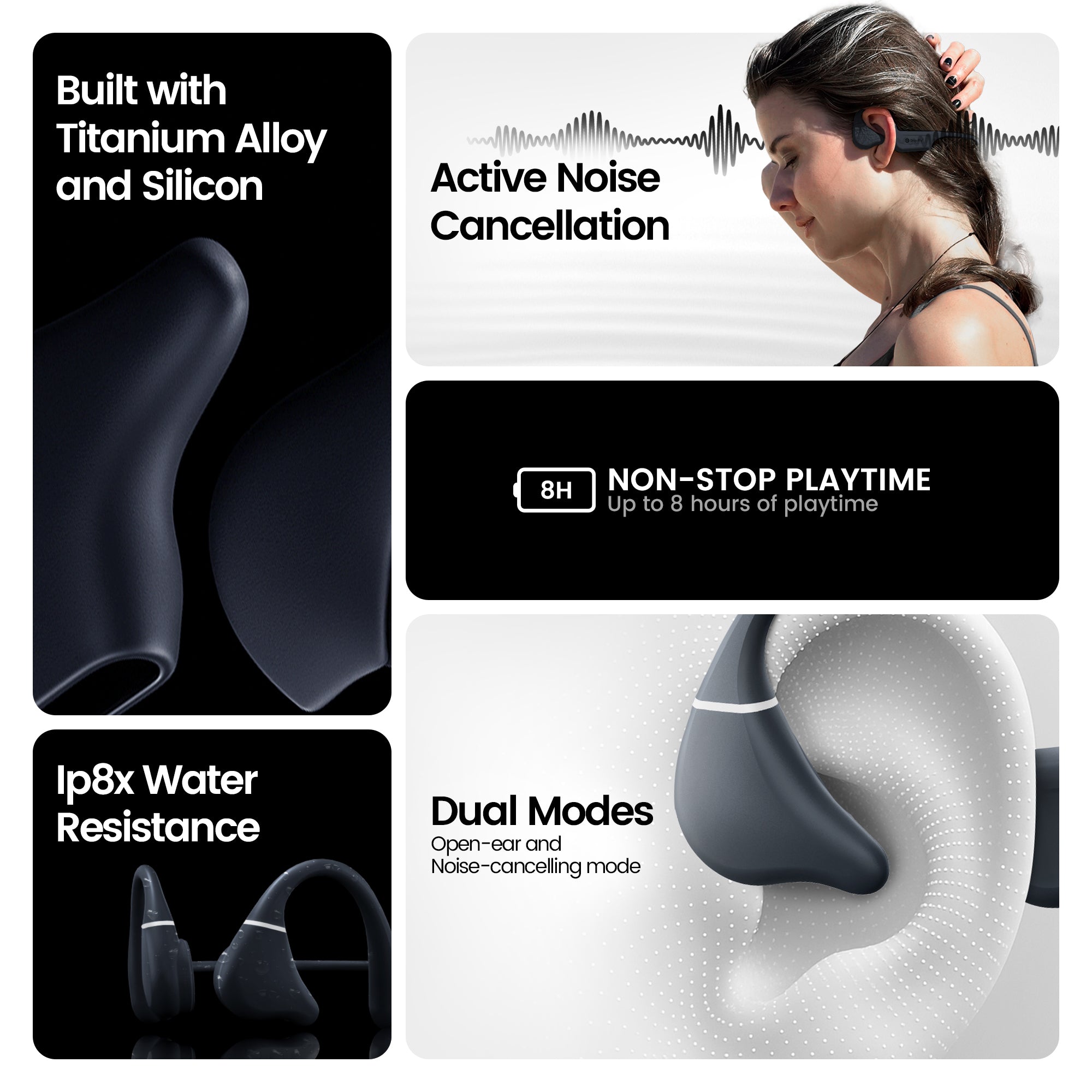 Collage of features of wireless earbuds including titanium alloy, active noise cancellation, water resistance, and dual modes.