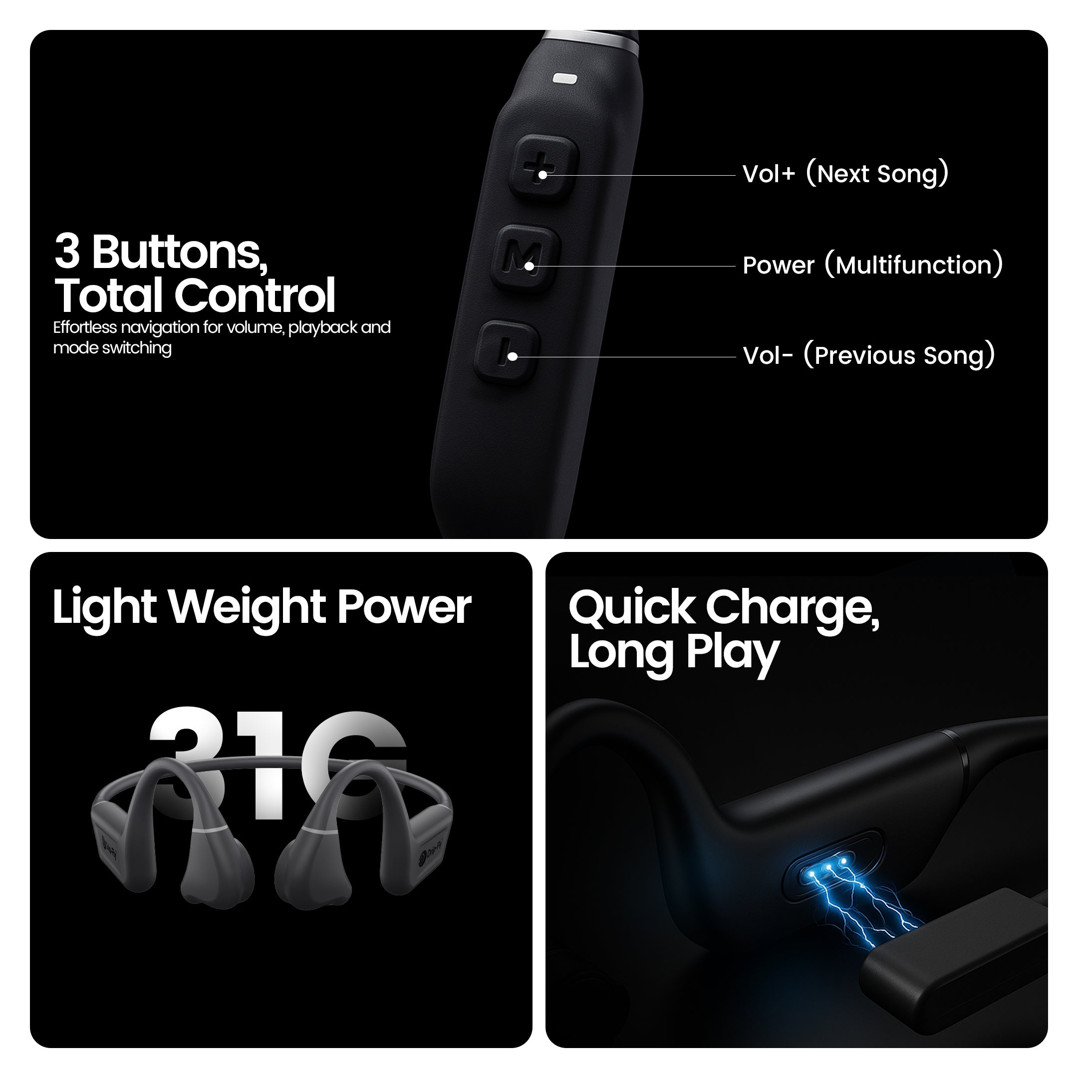 Control remote with buttons labeled for music control and product features on a black background.