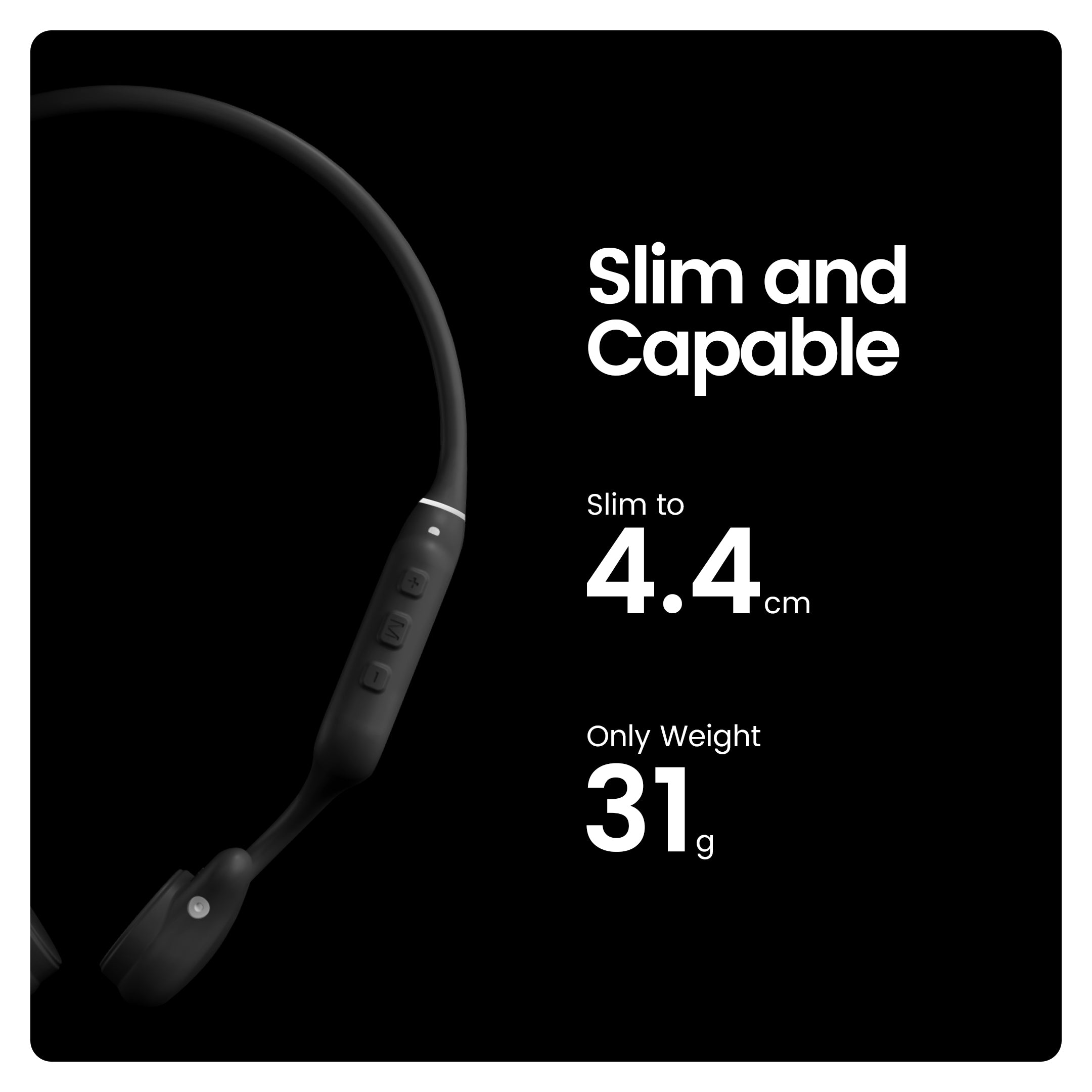 Black and white advertisement of a slim electronic device with text about its dimensions and weight.