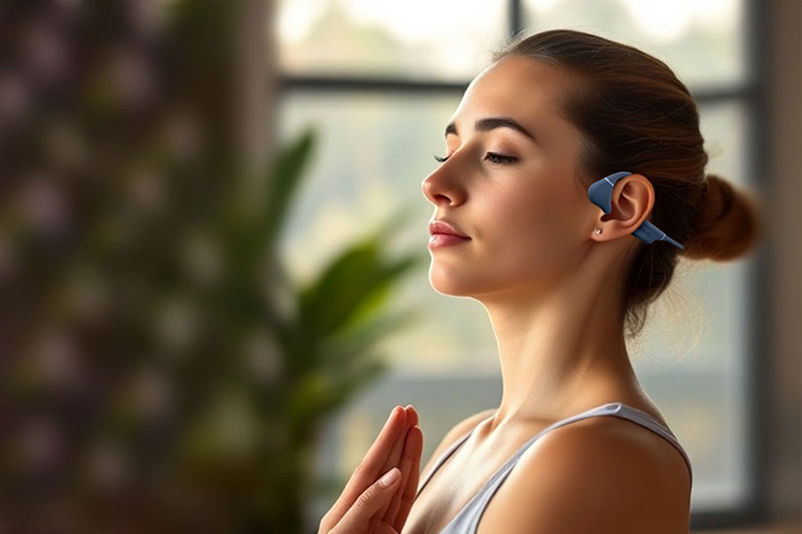 a girl doing yoga while wearing grey color drip-fly oz5 open move headphones for gym workout