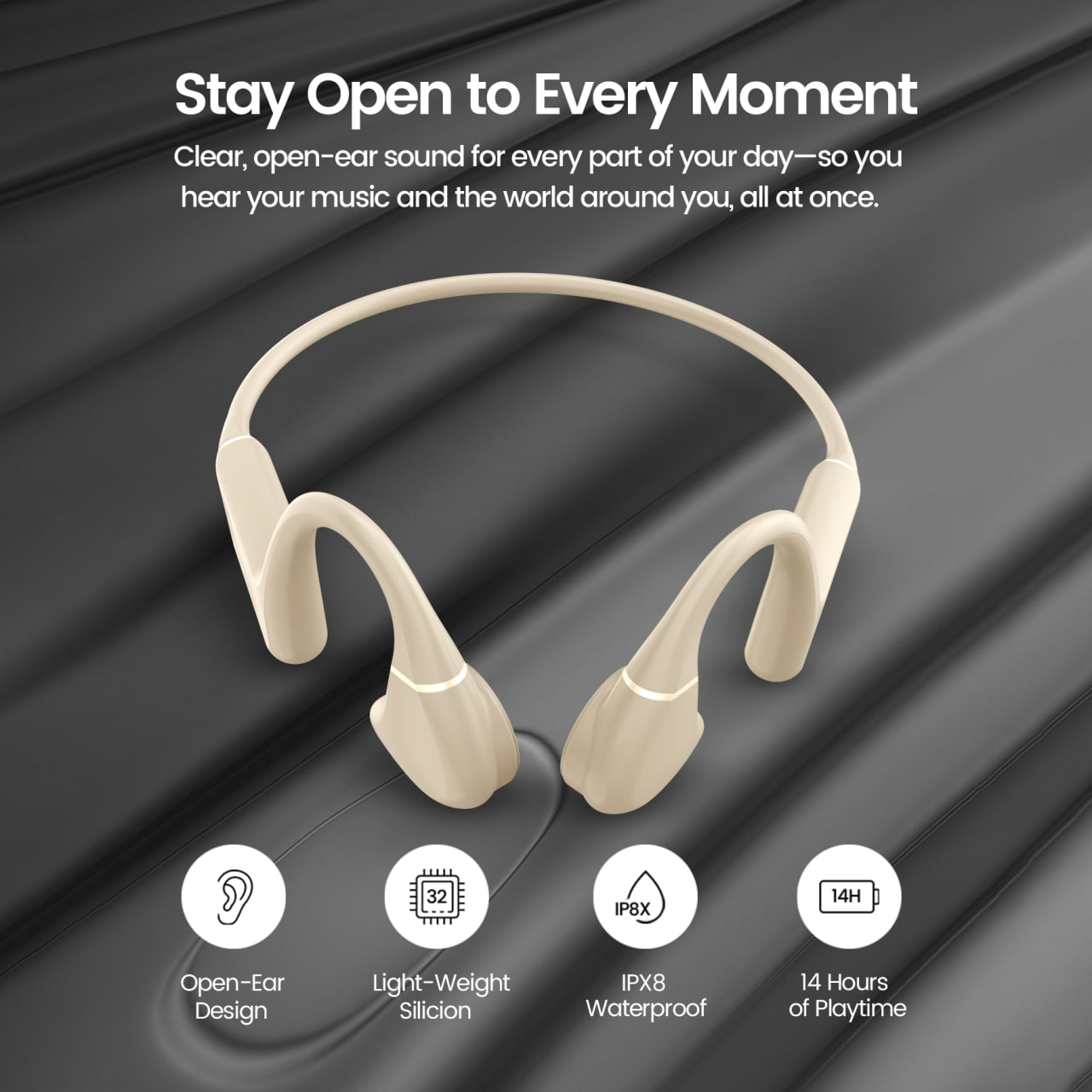 Beige open-ear headphones on a dark background with text and icons highlighting features.