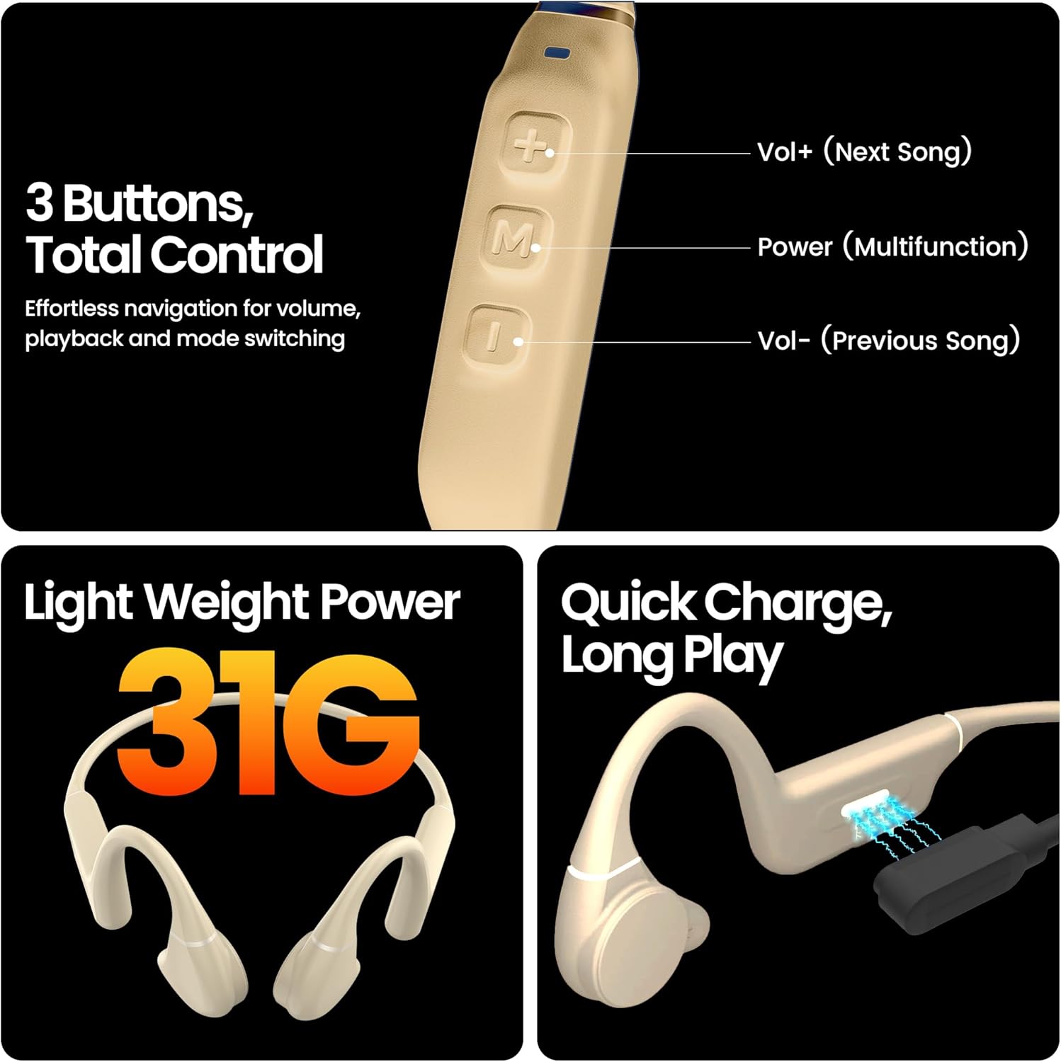 Beige Bluetooth headset with control buttons and features highlighted on a black background