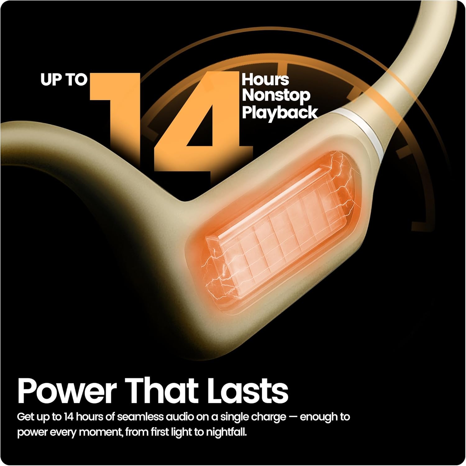 Product with 'Power That Lasts' feature and '14 Hours Nonstop Playback' text on a black background