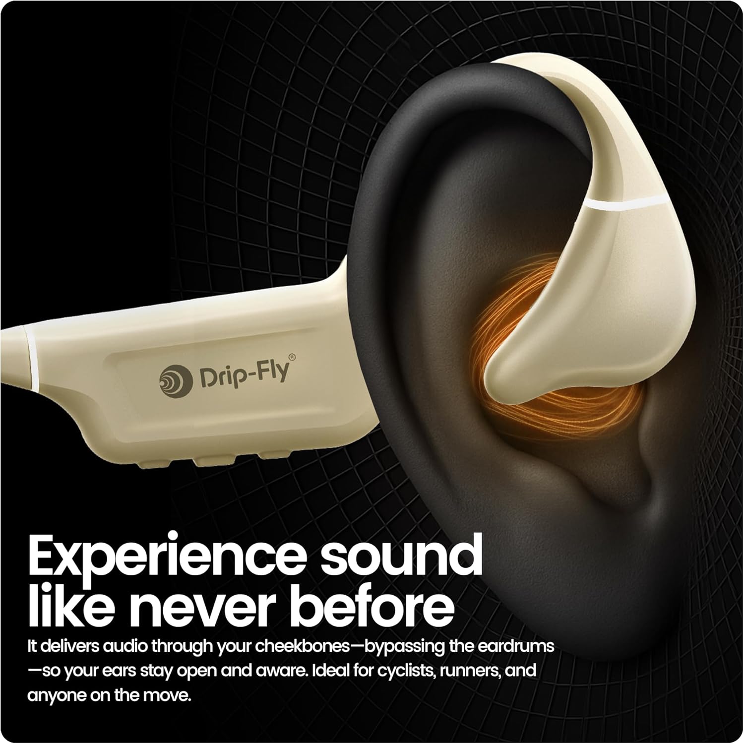 Drip-Fly earbud design with text on a black background