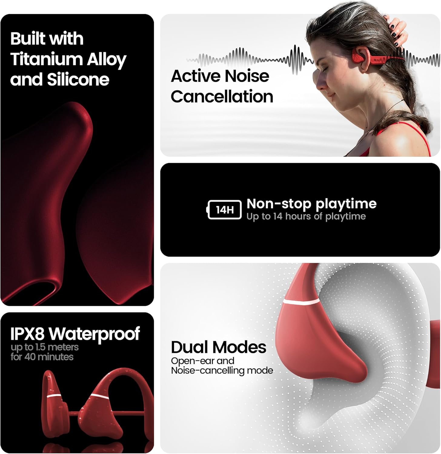 DRIP-FLY Oz5 Bone Conduction and Open Ear Twin Headphones, Designed in Australia. IPX8 Waterproof for Swimming, FG Silicone Headphones with 32GB MP3 Storage, 14H Playtime with Noise Cancellation
