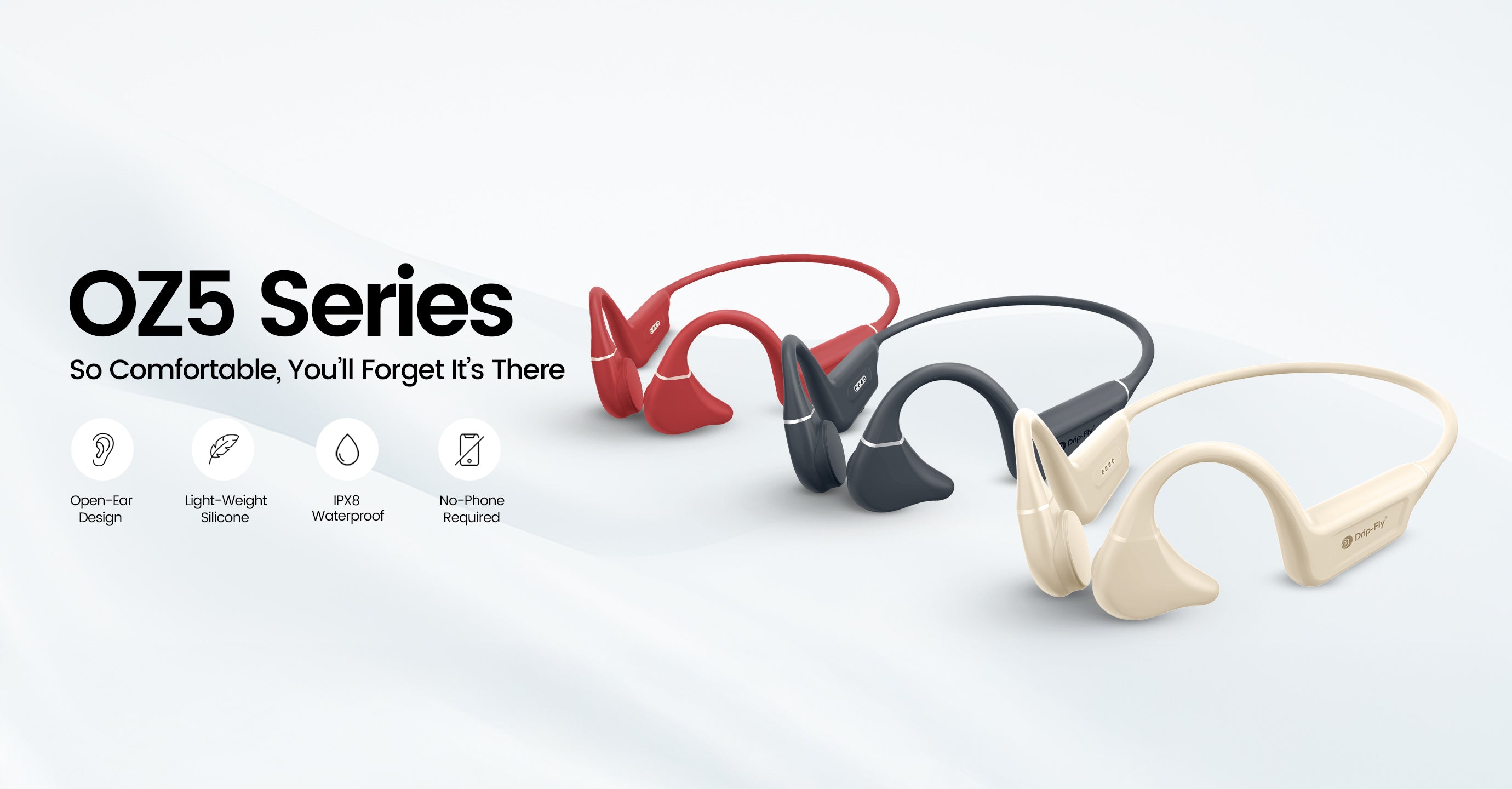 OZ5 Series earbuds in red, black, and beige on a white background with features listed below.