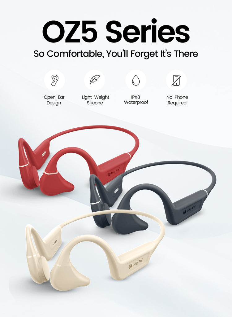 OZ5 Series wireless earbuds in red, black, and beige on a white background with features listed.