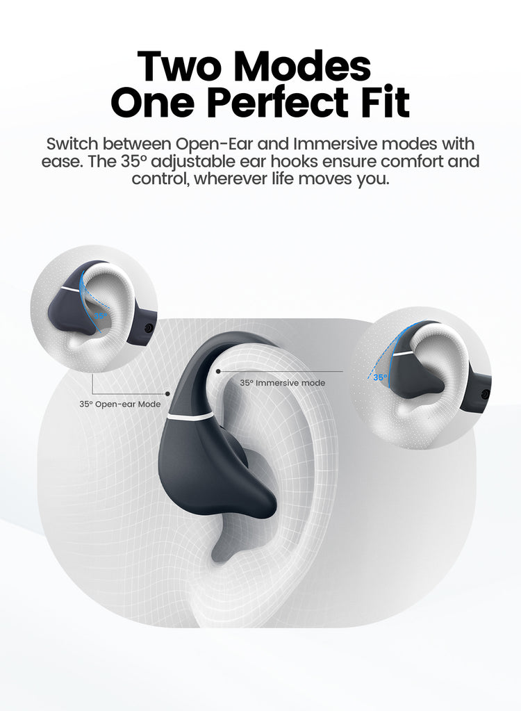 Wireless earbuds with adjustable ear hooks on a white background