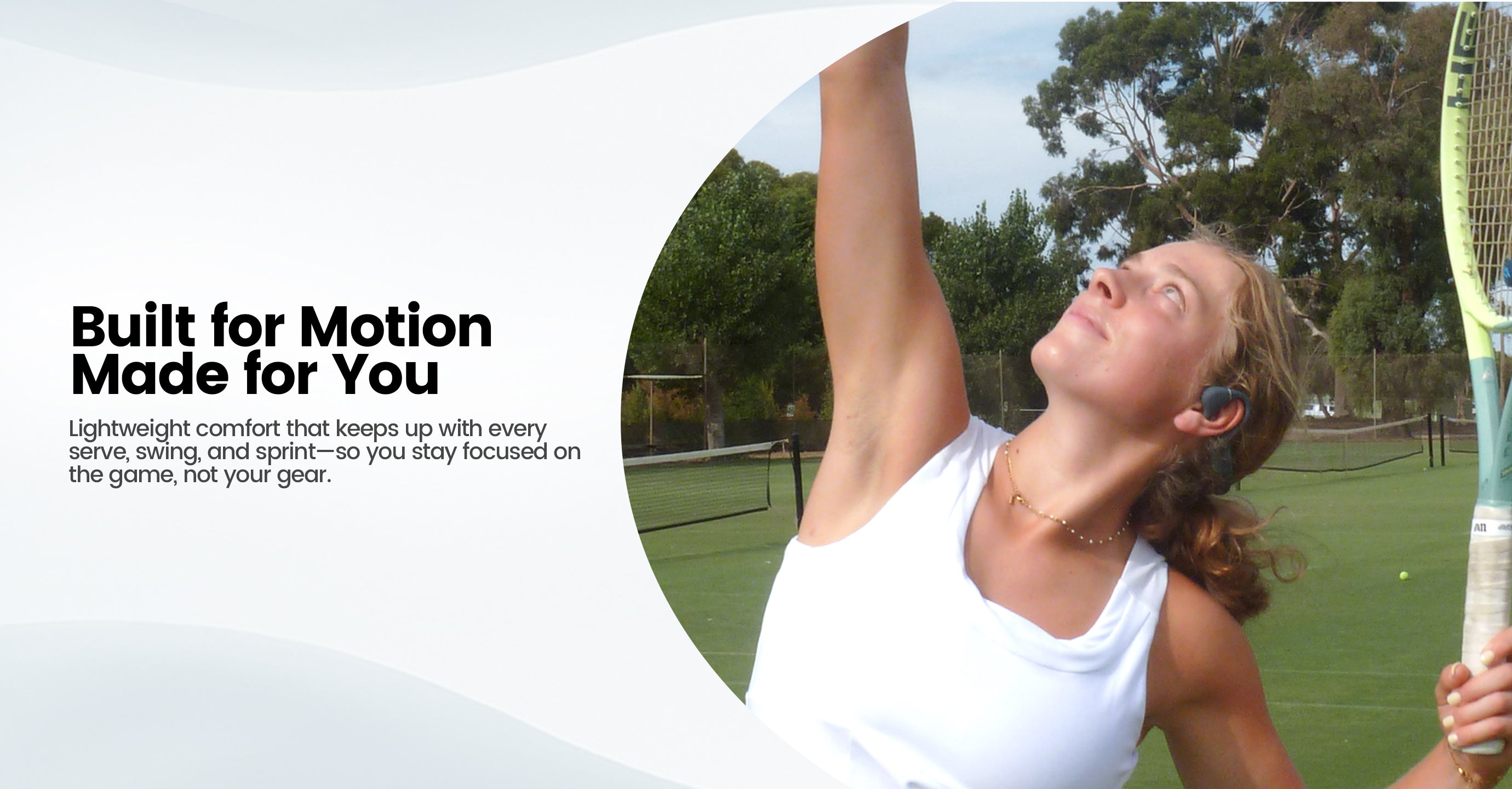 Woman playing tennis on a court with text about motion and comfort.