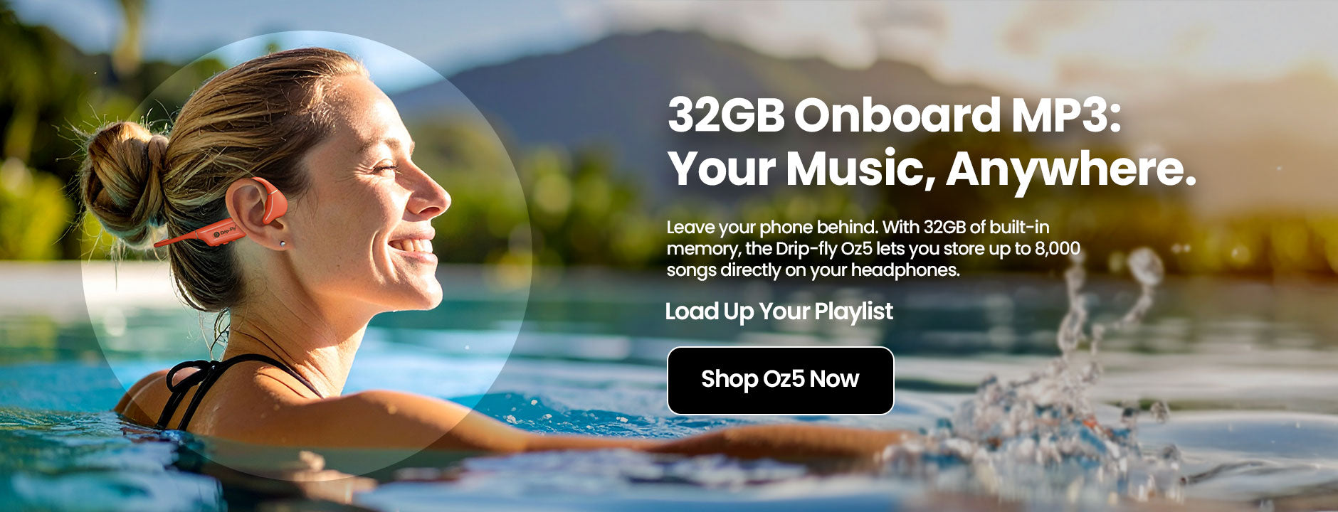 Woman in a pool with headphones, promotional text for Onboard MP3 device.