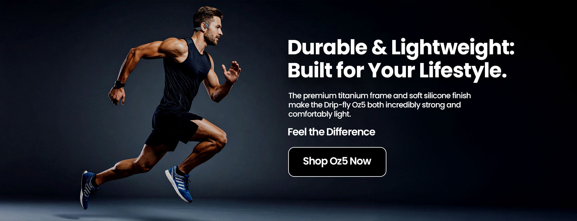 Man running with text about durable and lightweight product, on a dark background