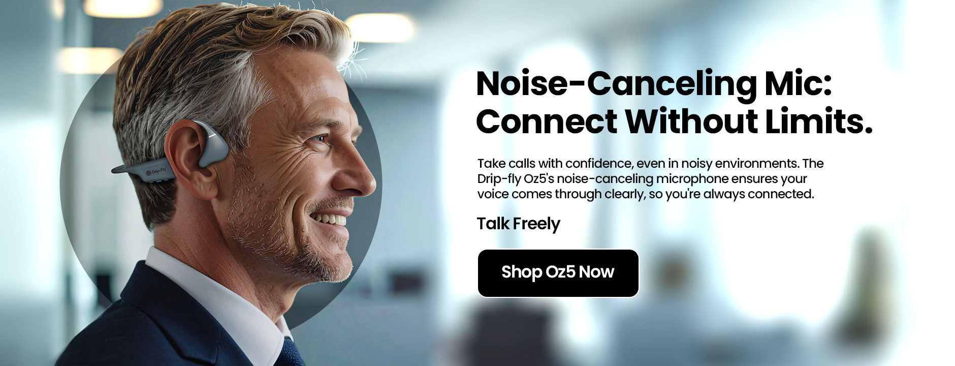 Man wearing a noise-canceling microphone with a blurred office background