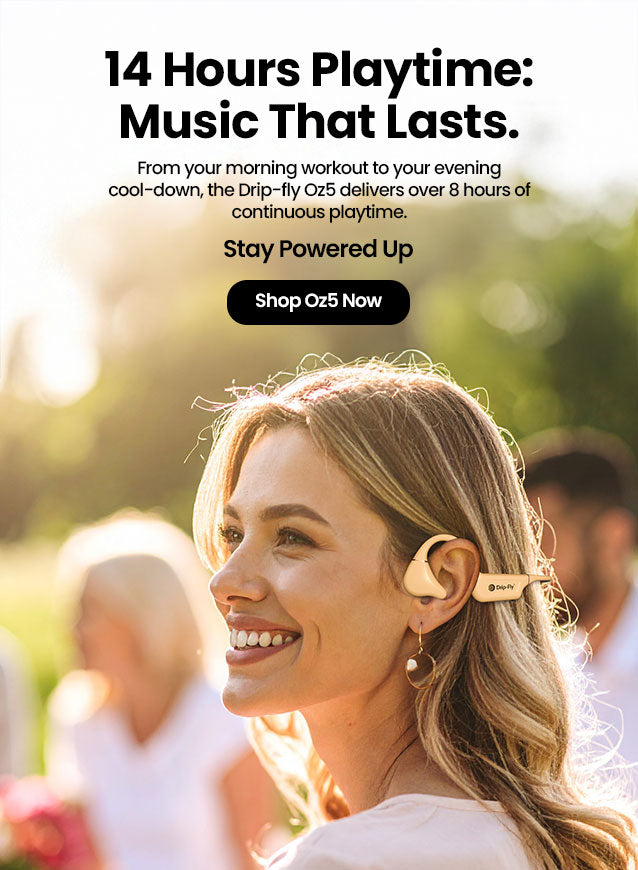 Woman wearing wireless earbuds with outdoor background and promotional text about product features.