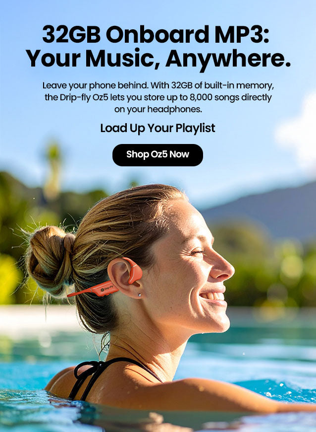 Woman in a pool with headphones, promotional text about Drip-fly O25 headphones, and call to action to 'Shop O25 Now'.