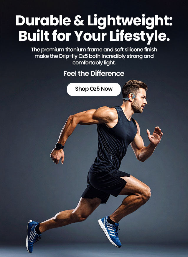 Man running with text about durable and lightweight design on a dark background