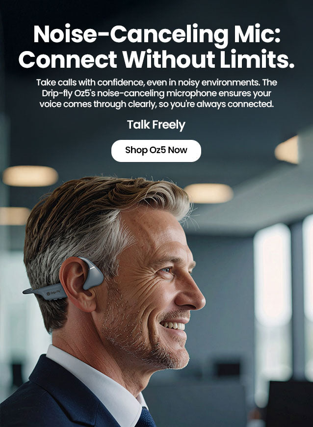 Man wearing a noise-canceling microphone with text about its features.