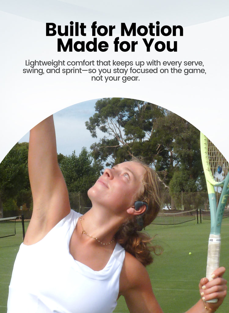Person playing tennis on a court with text about lightweight comfort
