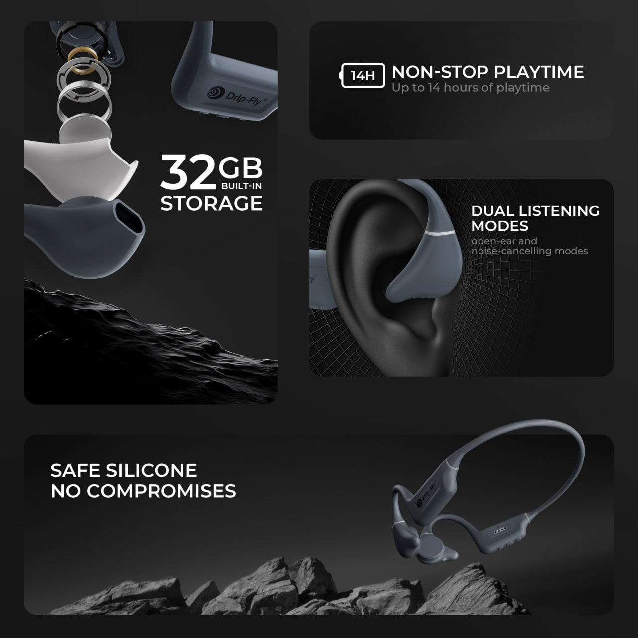 Promotional graphic of wireless earbuds highlighting features like storage, playtime, and listening modes.