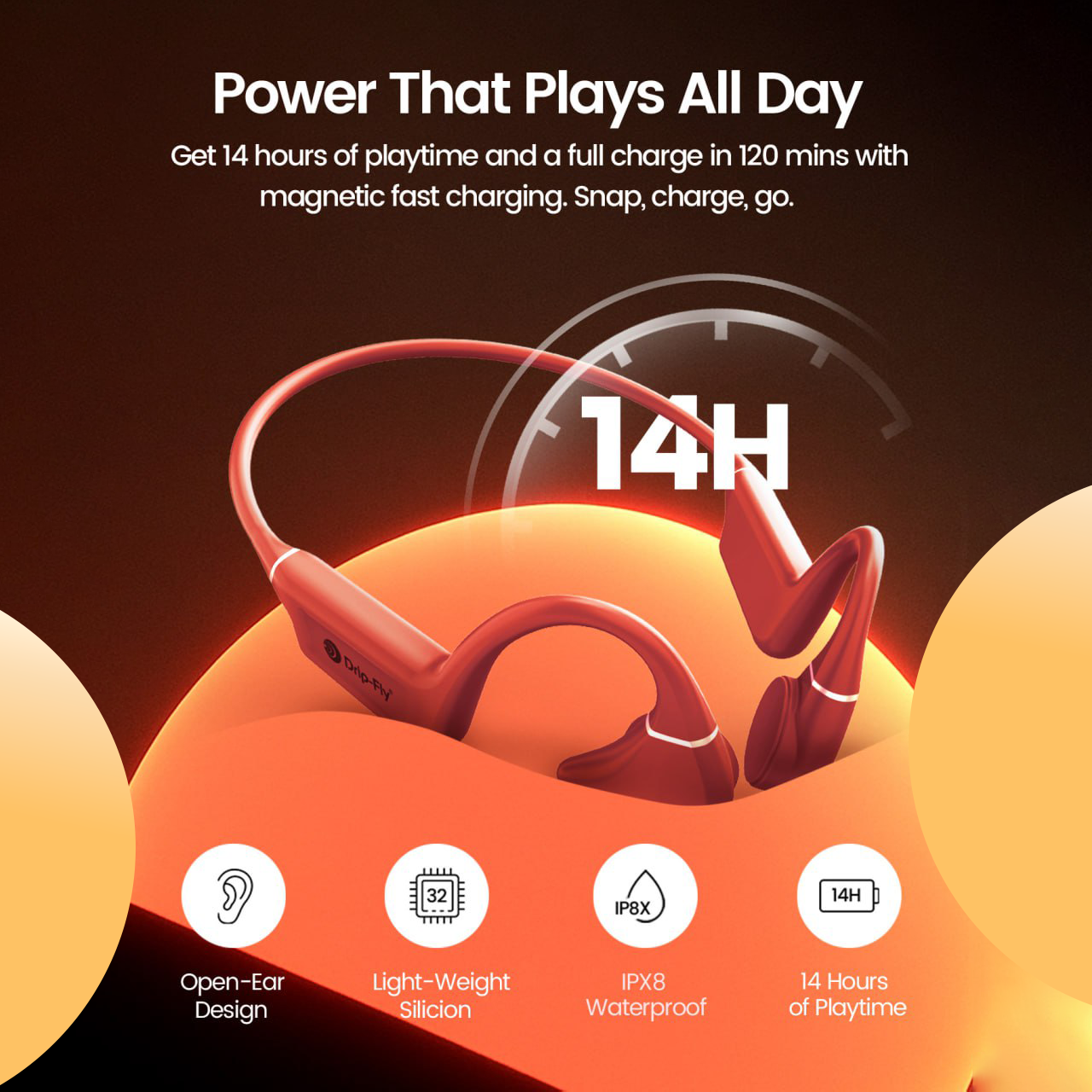 DRIP-FLY Oz5 Bone Conduction and Open Ear Twin Headphones, Designed in Australia. IPX8 Waterproof for Swimming, FG Silicone Headphones with 32GB MP3 Storage, 14H Playtime with Noise Cancellation