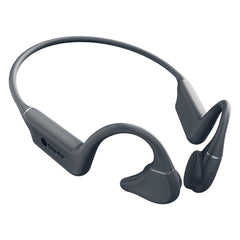 Gray wireless earbuds with a neckband on a white background